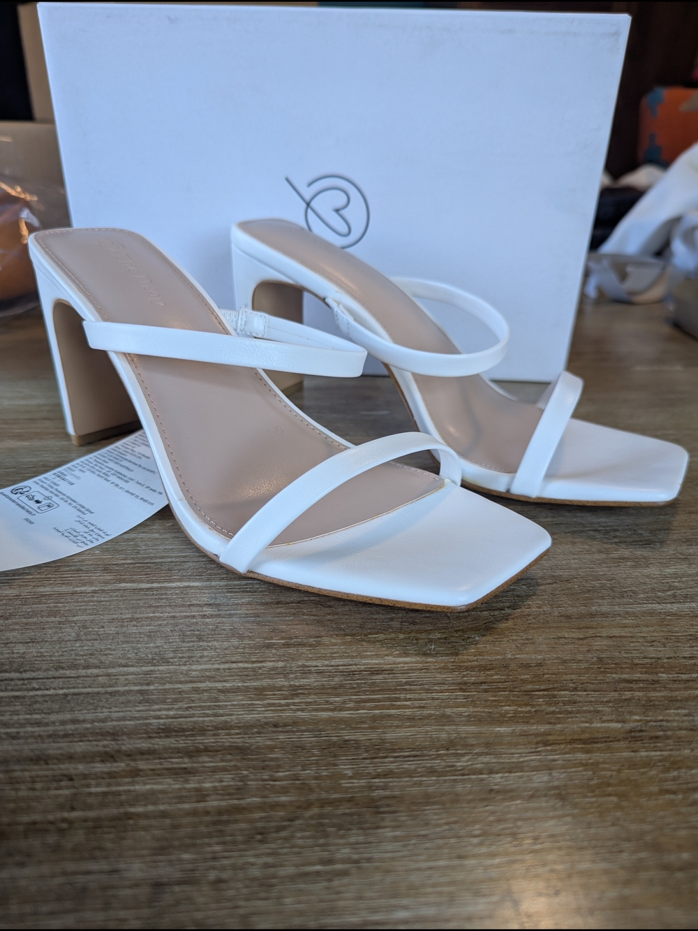Strappy White Square-Toe Block Heel Sandals